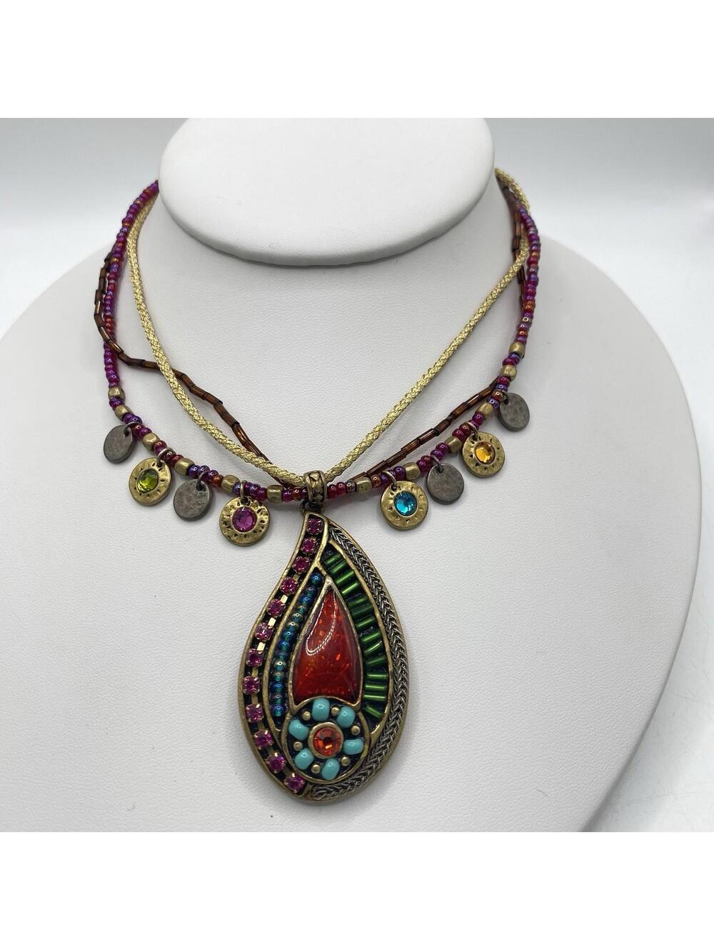 Chicos Vintage Necklace Boho Rhinestone Enamel And Glass Bead Pendant Necklace J